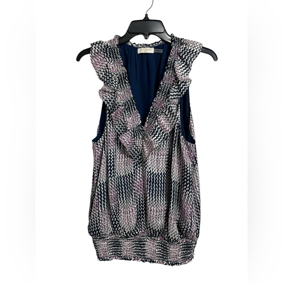 Ramy Brook Tops - Ramy Brook Ruffle Neck Sleeveless Top Elastic Waist Blouse XL Navy/ Purple